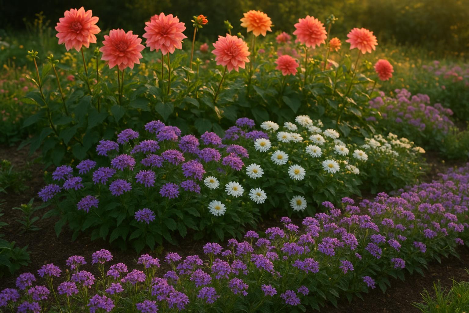 Bordura di fine estate con dalie, verbene e settembrini: schema facile per giardini sempre in fiore