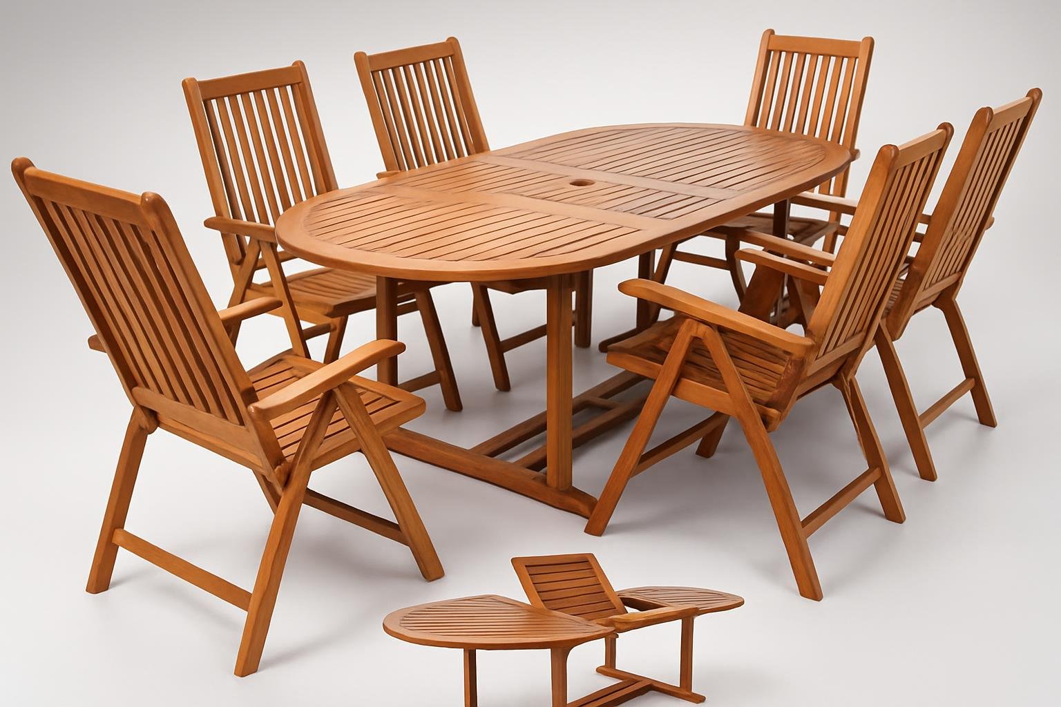 Set mobili da giardino Casaria in eucalipto: tavolo allungabile e 6 sedie perfetti per il salotto tra fiori e orto