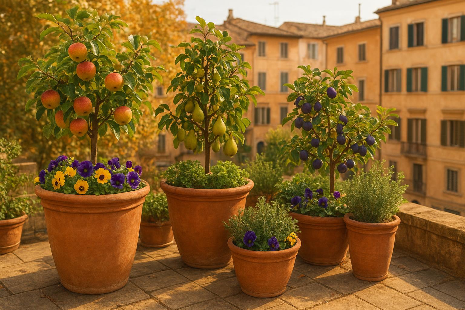 Mini frutteto ornamentale in vaso per terrazzi di settembre: mele, pere e susine in formato compatto
