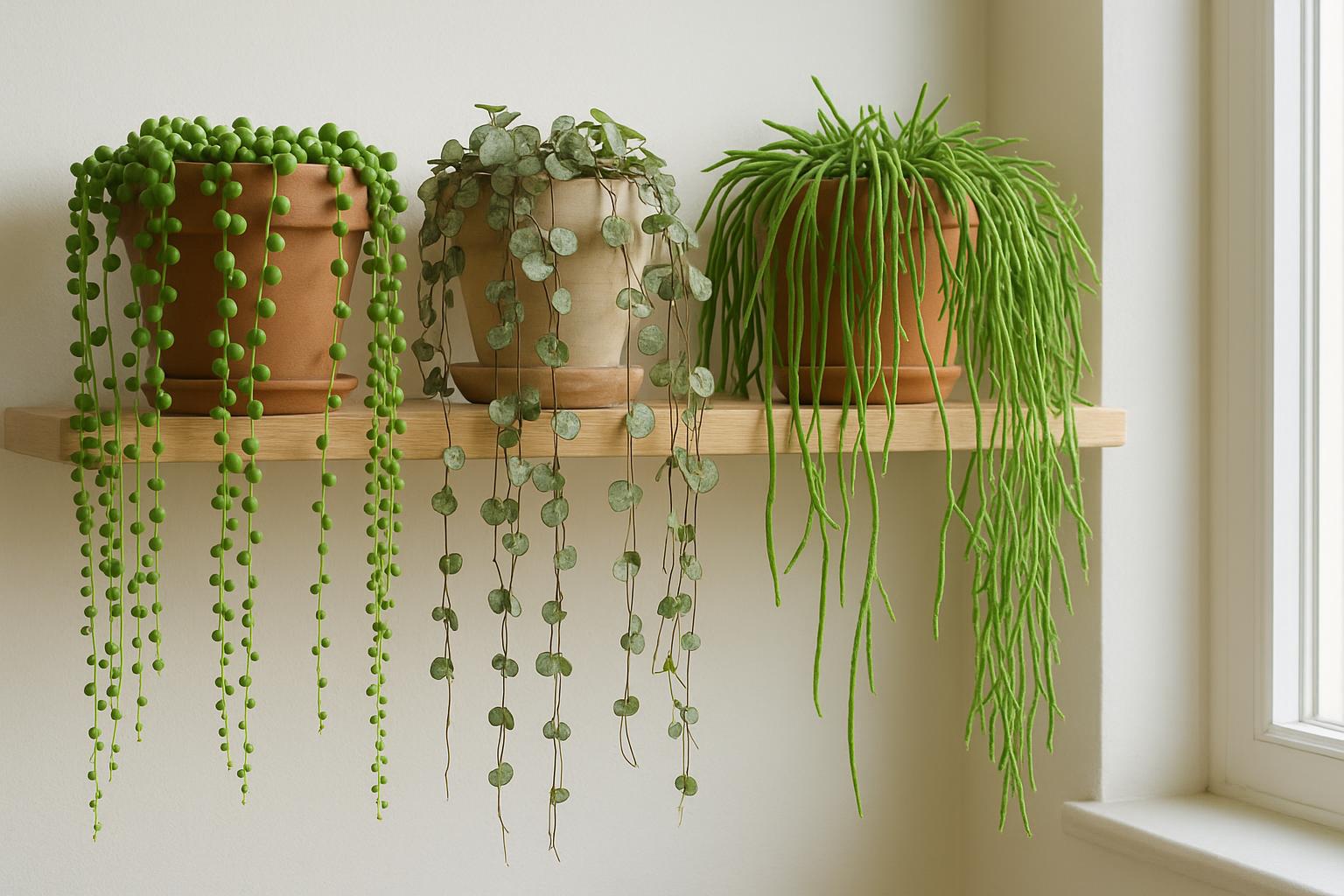 Succulente pendenti per scaffali stretti in casa: come creare cascate di verde senza bagnare il pavimento