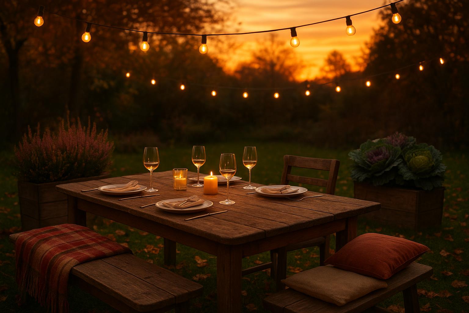 Zona pranzo d’autunno in giardino con tavolo rustico e luci calde: idee di arredo tra foglie e fioriere