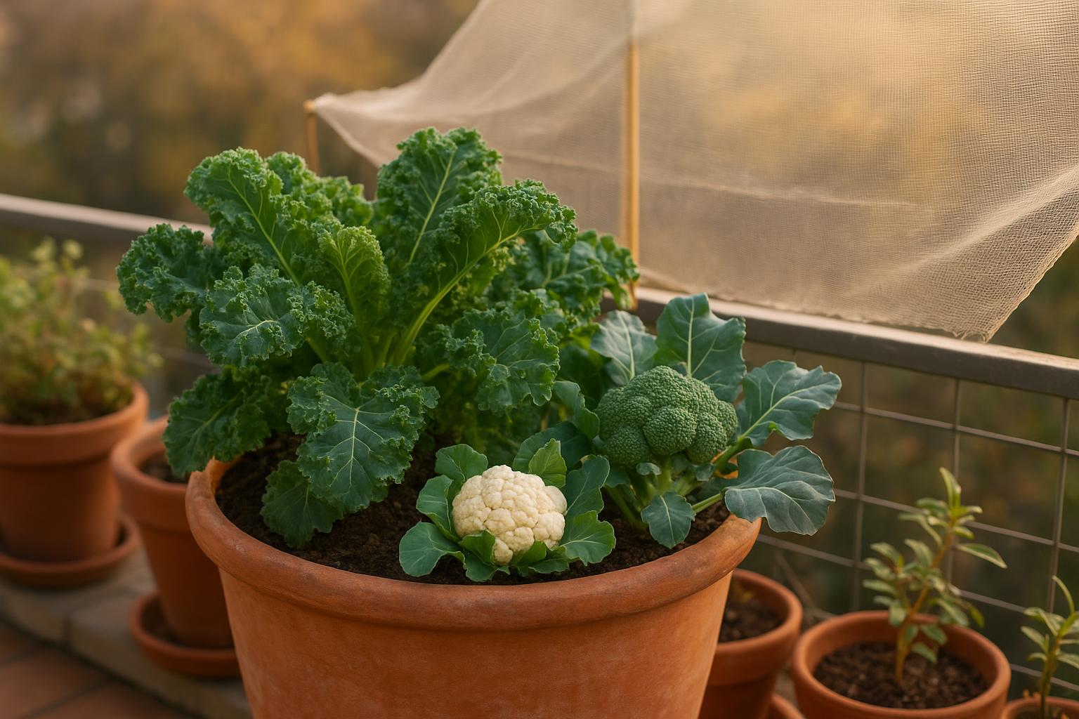 Orto autunnale di brassiche in vaso: cavolo riccio, cavolfiore e broccolo sul balcone di settembre