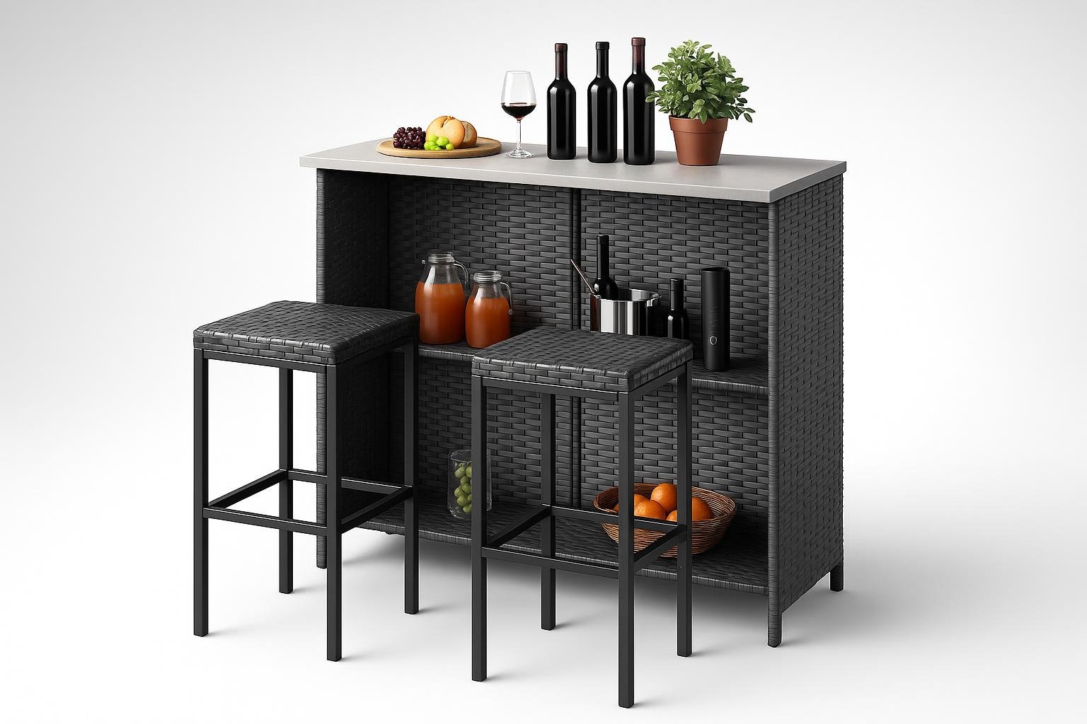 Angolo pranzo autunnale in giardino con tavolo alto e sgabelli: idee green per ottobre alle porte