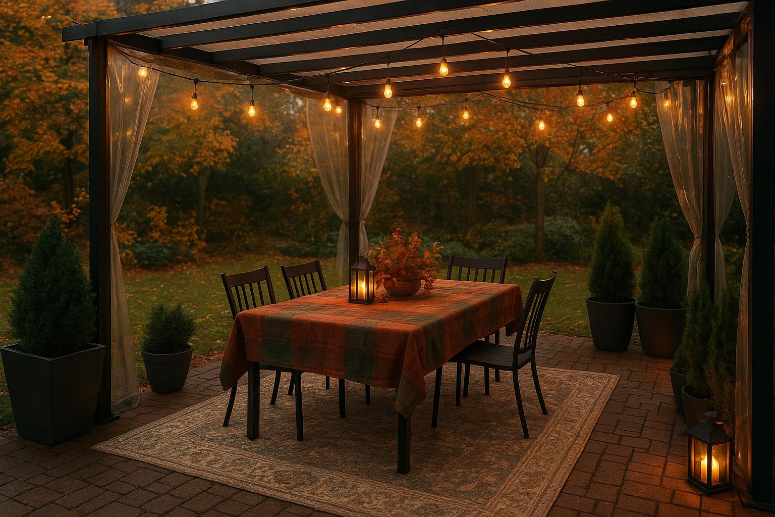 Zona pranzo in giardino per ottobre: idee di arredo con teli laterali antivento e piante in vaso