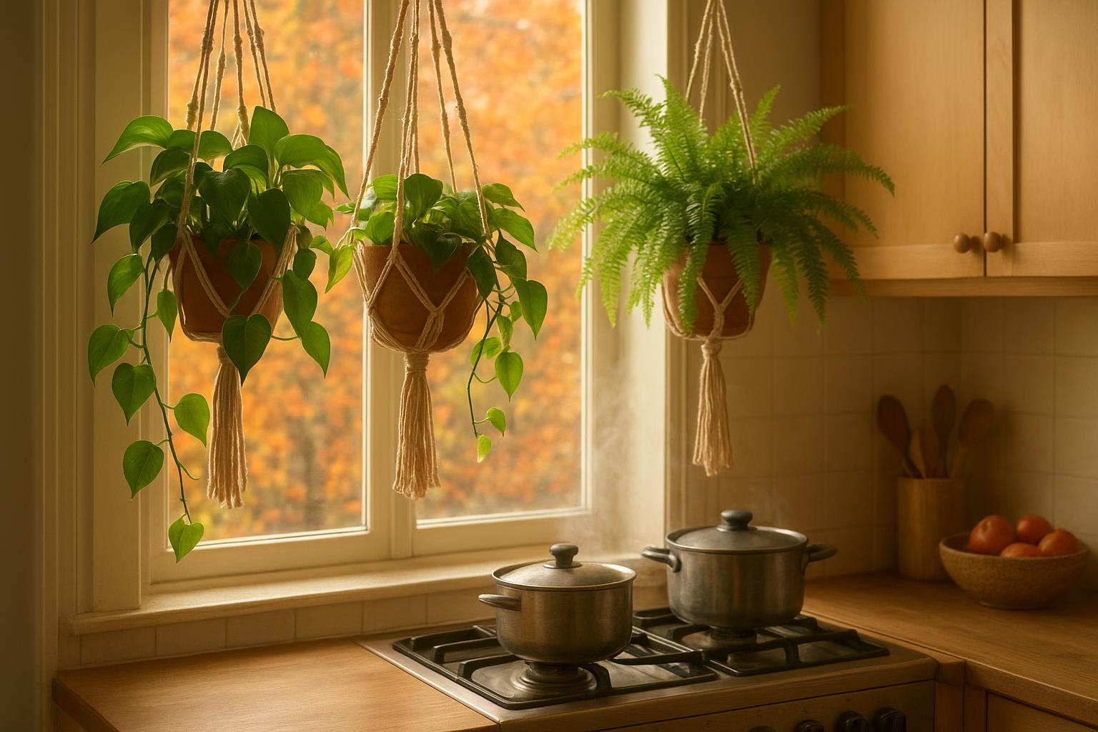 Piante da interno sospese per la cucina d’autunno: 7 specie che tollerano vapore e luce variabile