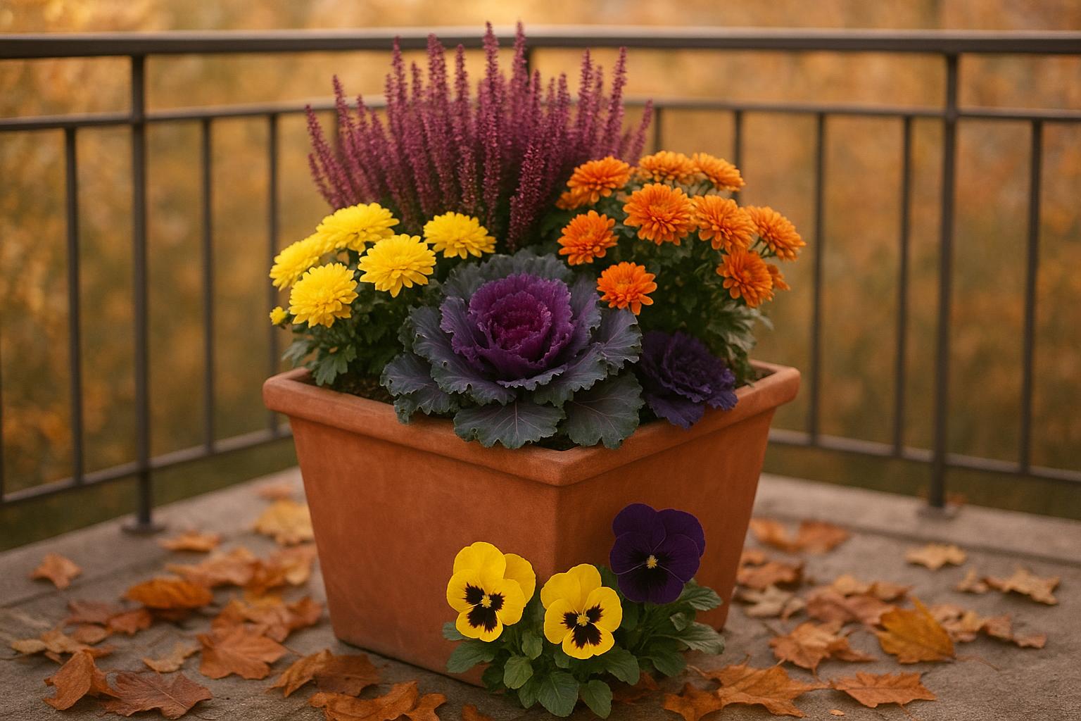Una ciotola di fiori autunnali per il balcone di ottobre: progetto completo in vaso quadrato