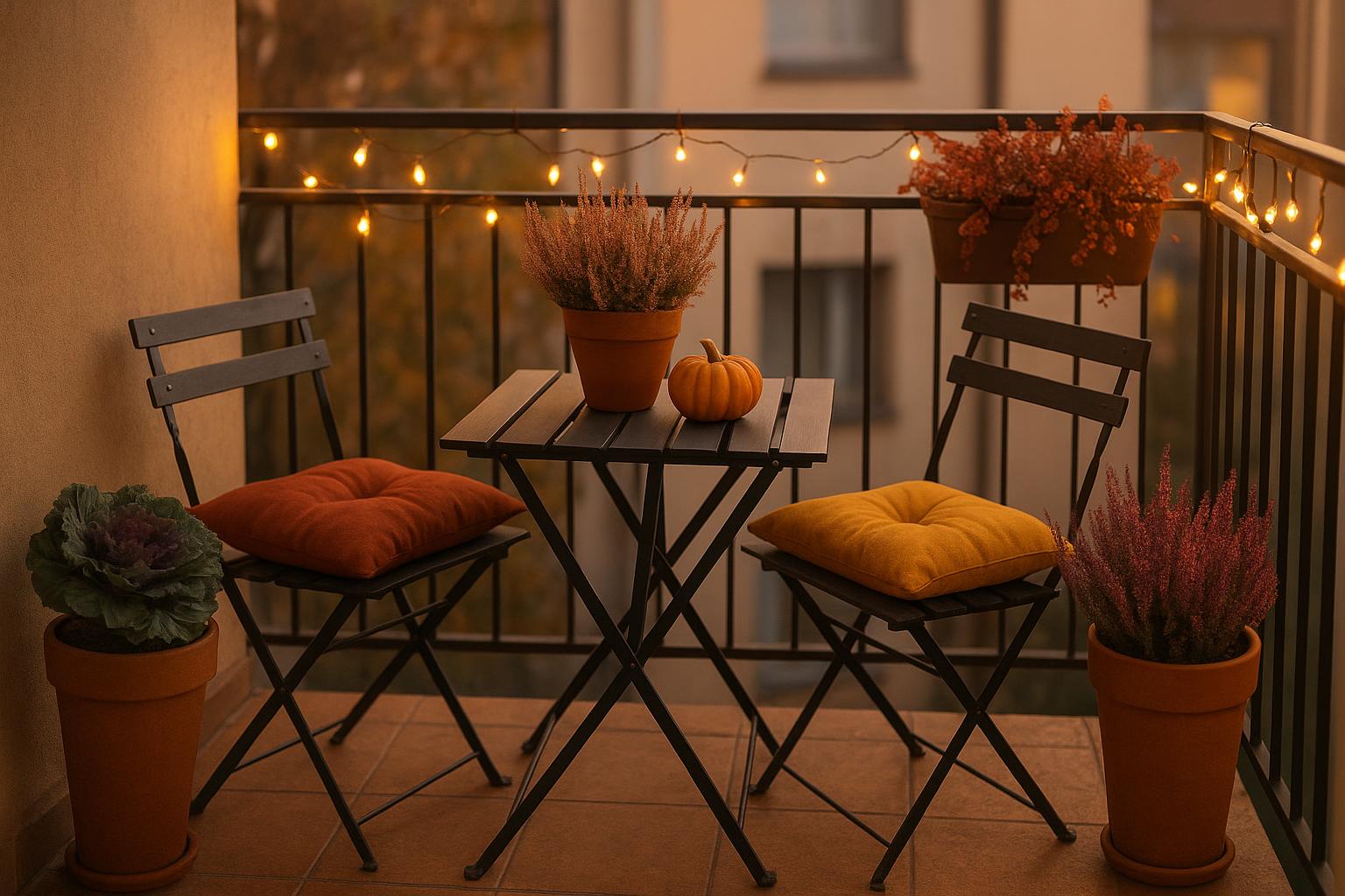 Zona pranzo d’autunno sul balcone: idee di arredo con tavolino pieghevole e piante stagionali