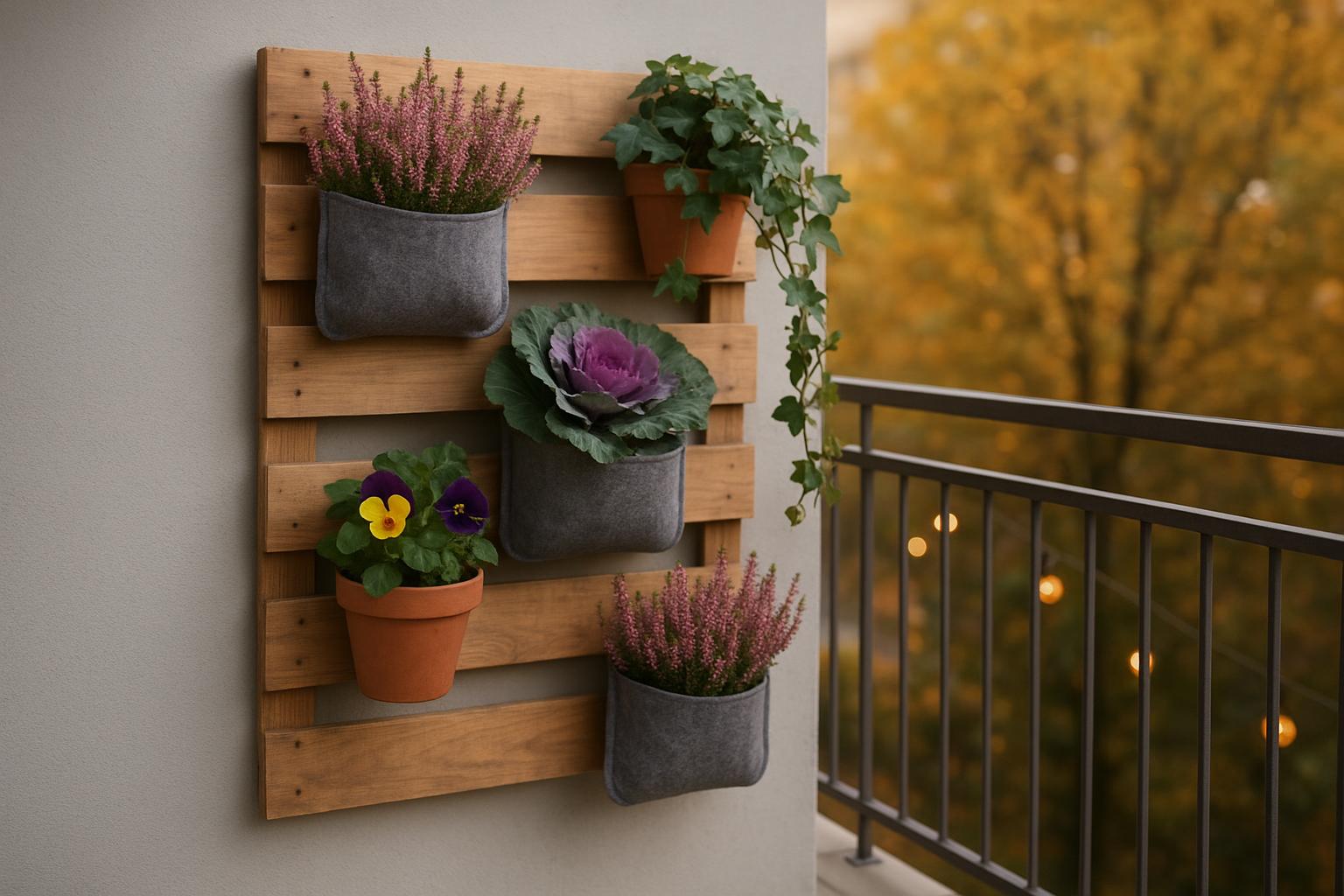 Un vecchio bancale trasformato in fioriera verticale autunnale per il balcone