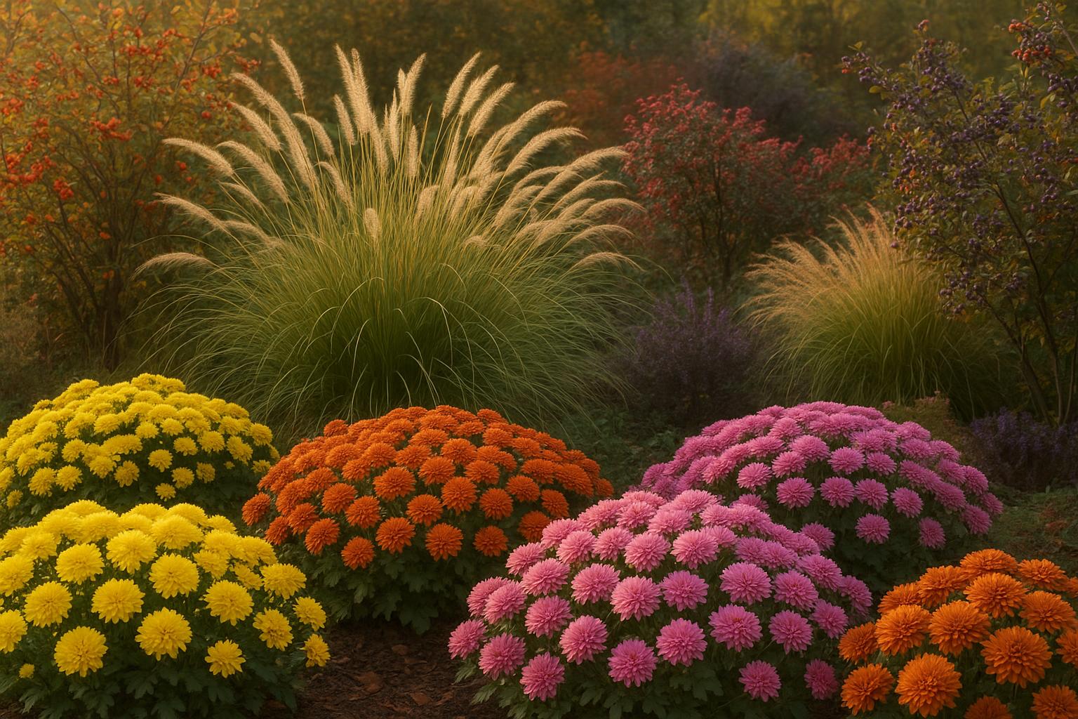 Crisantemi da giardino in ottobre: varietà moderne e come abbinarle a graminacee e bacche