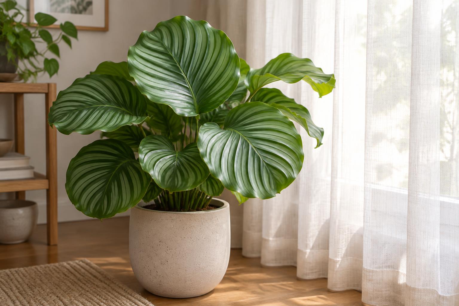 Calathea orbifolia in casa: luce indiretta e umidità per foglie ampie e sane