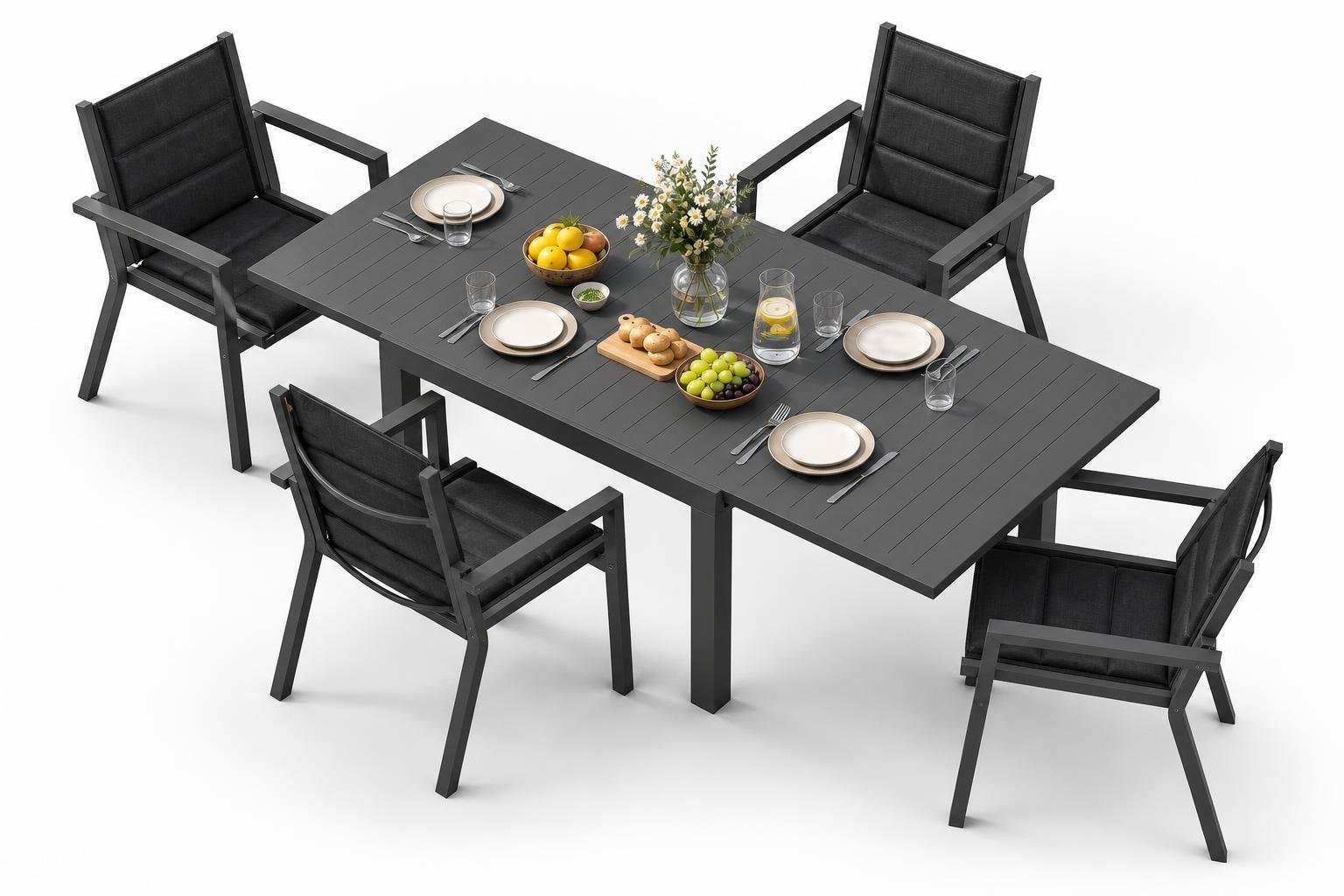 Set da giardino JUMMICO per quattro persone: tavolo allungabile e sedie in alluminio