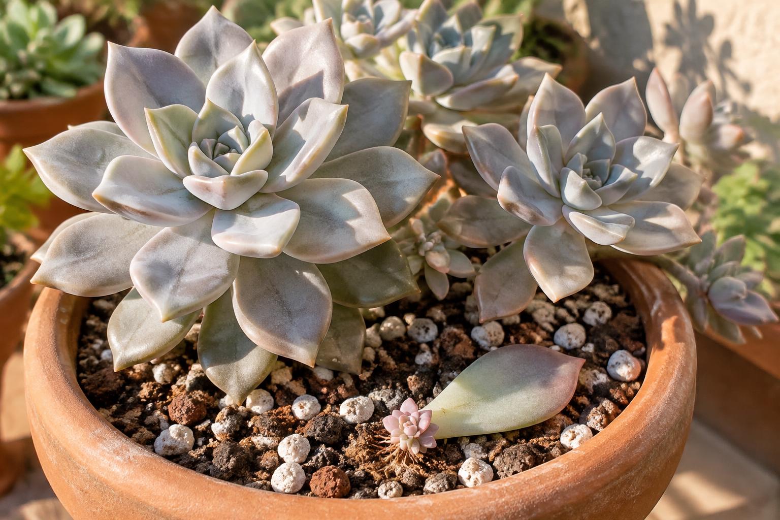 Graptopetalum paraguayense: luce, irrigazione e propagazione della succulenta fantasma