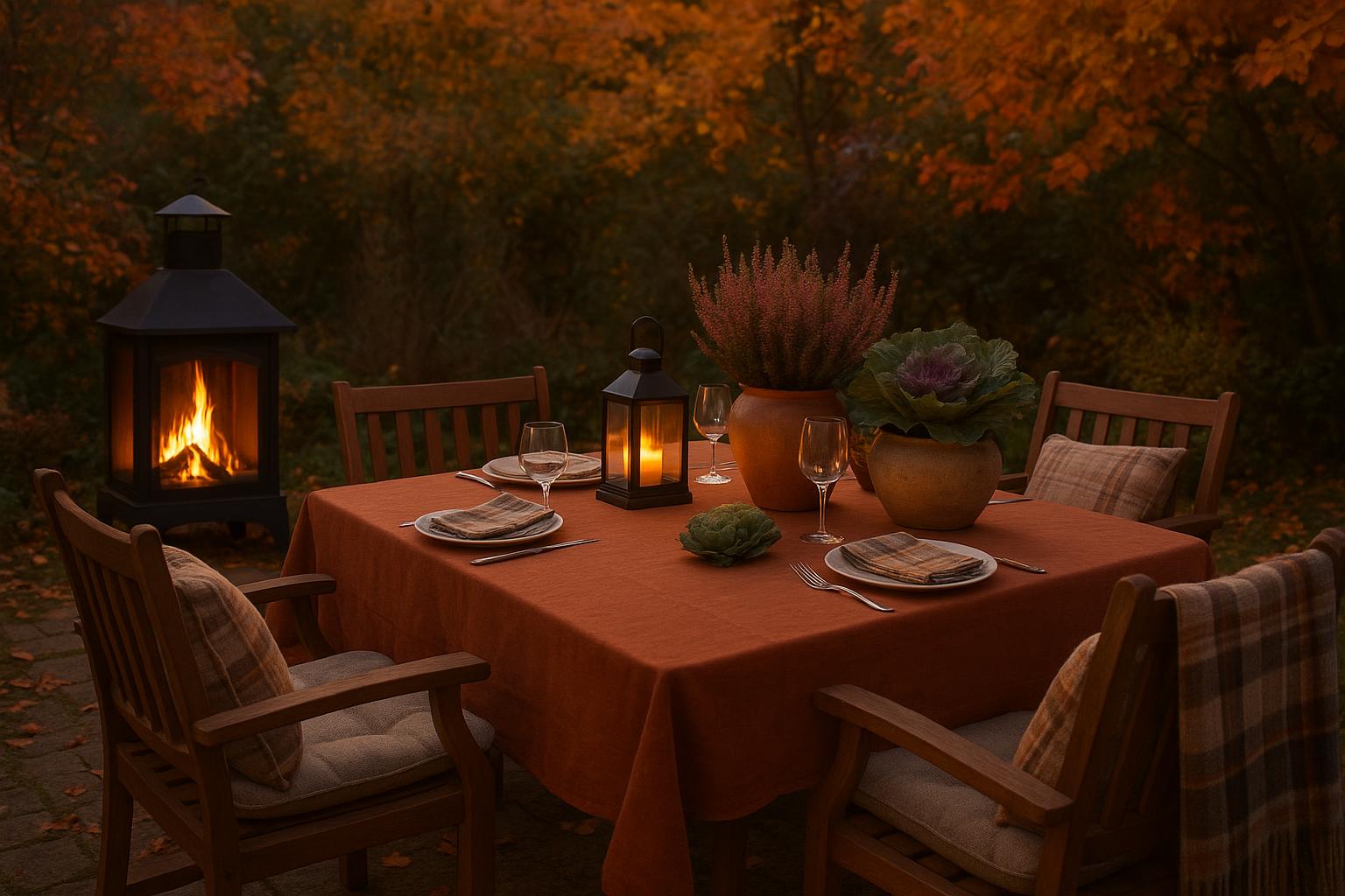 Zona pranzo autunnale con stufa da esterno: idee per mangiare in giardino anche a ottobre